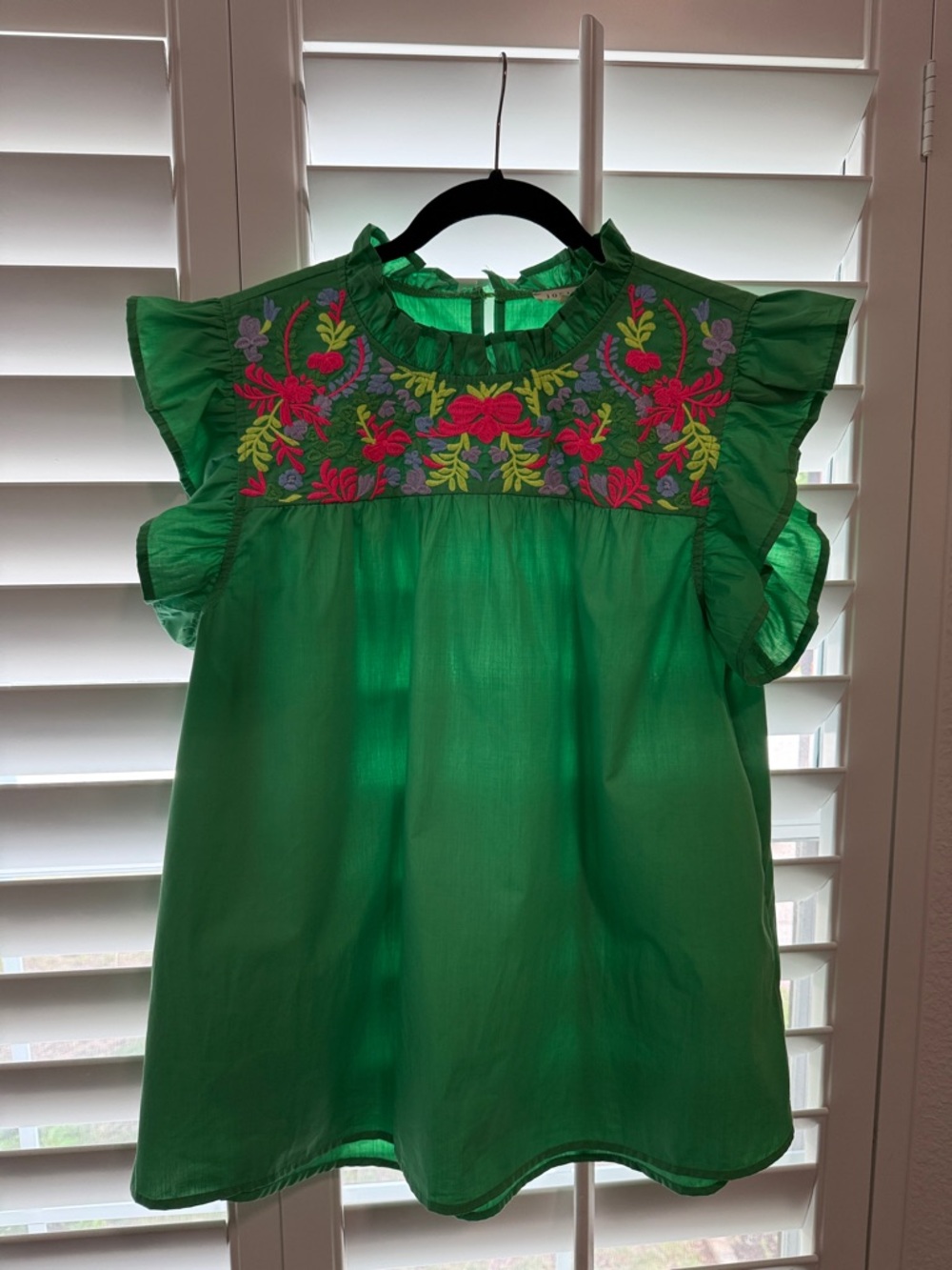 JODIFL Bright Green Flutter Sleeve Embroidered Yoke Blouse